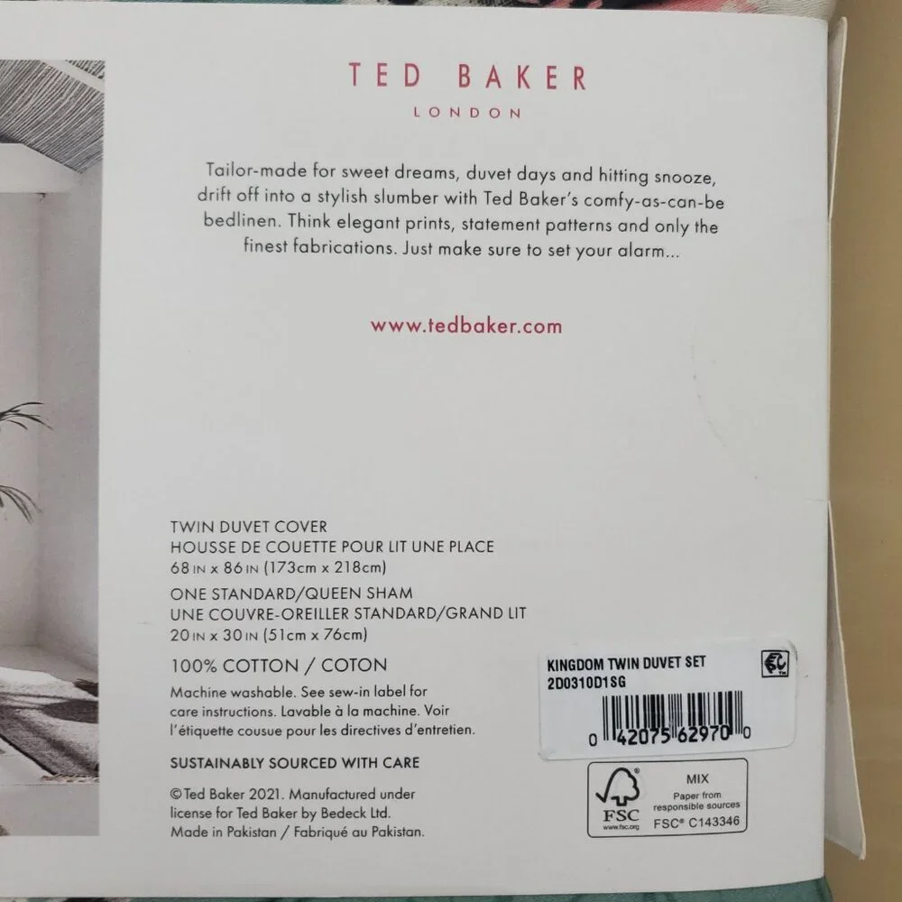 Ted Baker Kingdom Floral 100% Cotton 2 Piece Twin Duvet Cover Set